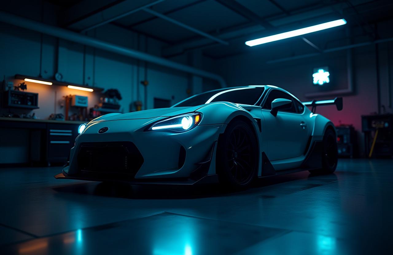 Mobil sport dimodifikasi di dalam bengkel Nebula Tuners